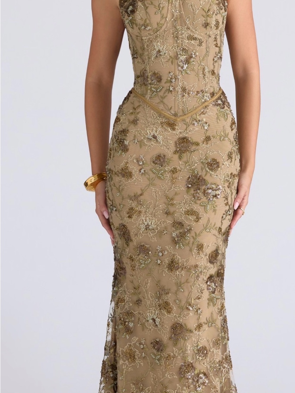 House of CB Gold Beaded Floral Lace Maxi Dress